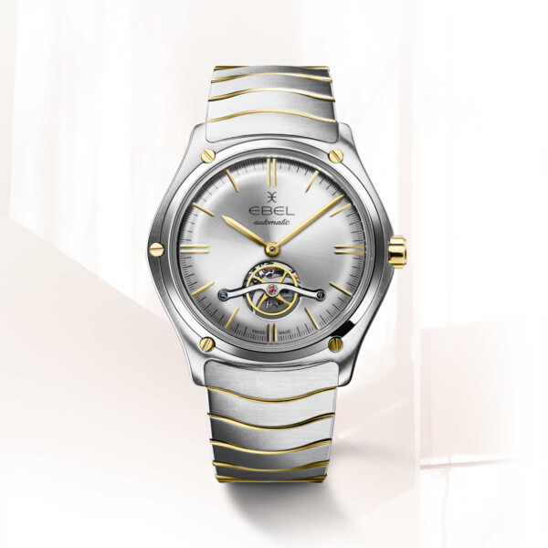 Men's EBEL Sport Classic watch, stainless steel and 18K yellow gold case, Ø 42mm, the balance is visible through the rhodium-coloured galvanic dial, sapphire crystal with antireflective treatment underneath, sapphire crystal case-back, two-tone stainless steel wave link bracelet with a folding clasp, Swiss automatic movement, water-resistant up to 5 bar