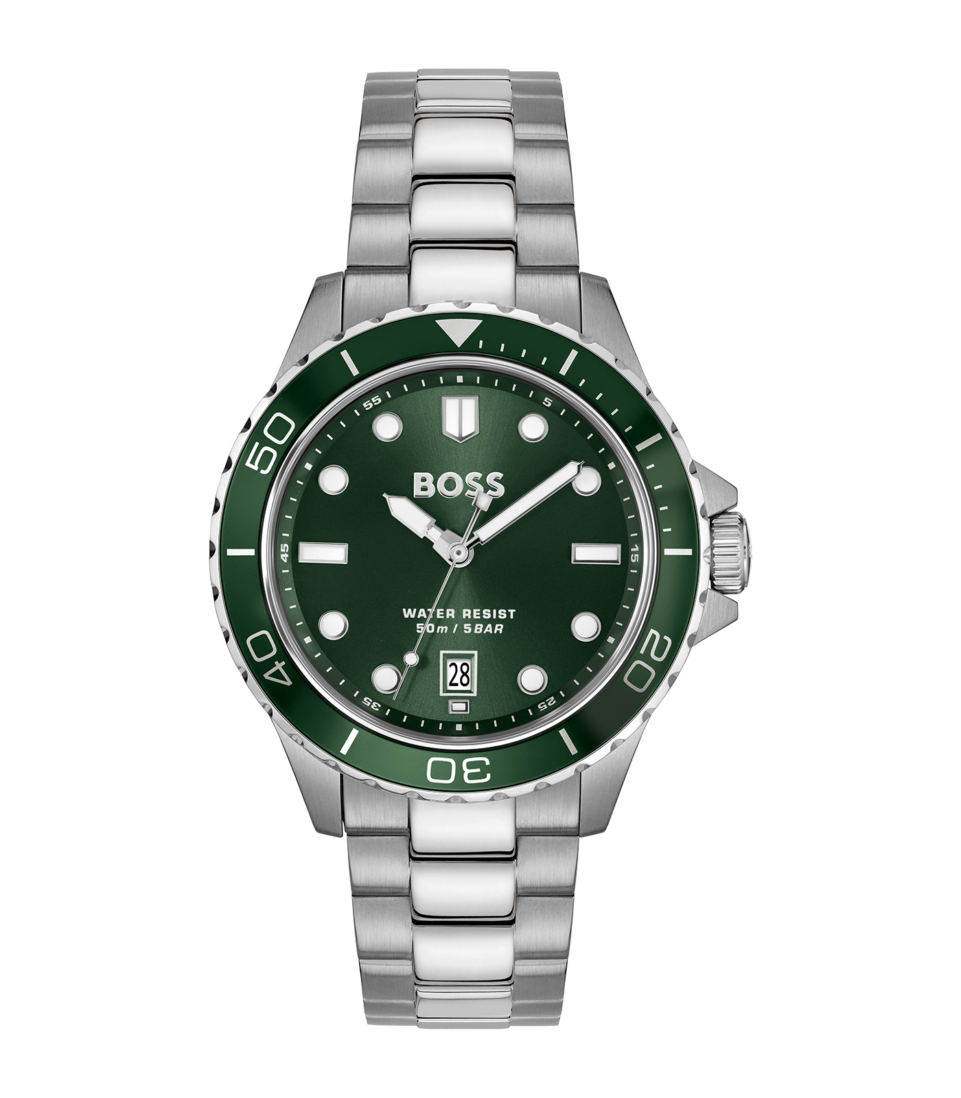 Stijlvol Hugo Boss heren horloge 1514294 heeft een roestvrijstalen kast en band, zilverkleurig met groene wijzerplaat. Het is analoog met datumaanduiding, heeft een mineraalglas en waterdichtheid tot 5 ATM. Accentueer je pols door het horloge te combineren met zilveren accessoires voor een stijlvol ensemble.