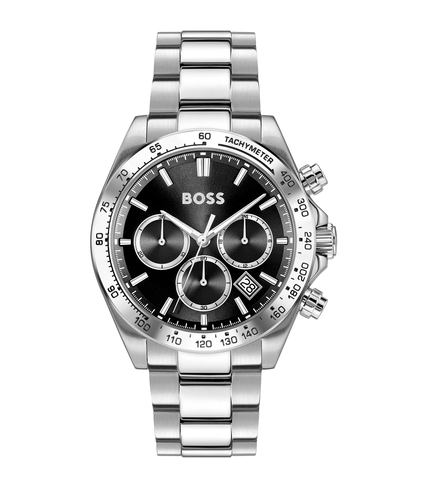 De Hugo Boss Heren Chronograaf 1514267 heeft een zilverkleurige roestvrijstalen kast en band, met een 43 mm ronde vorm en mineraalglas. De zwarte wijzerplaat heeft strepen en een chronograaf functie. Hij is waterdicht tot niveau 5 en heeft een quartz beweging. Draag hem op formele of zakelijke gelegenheden voor een stijlvolle uitstraling.
