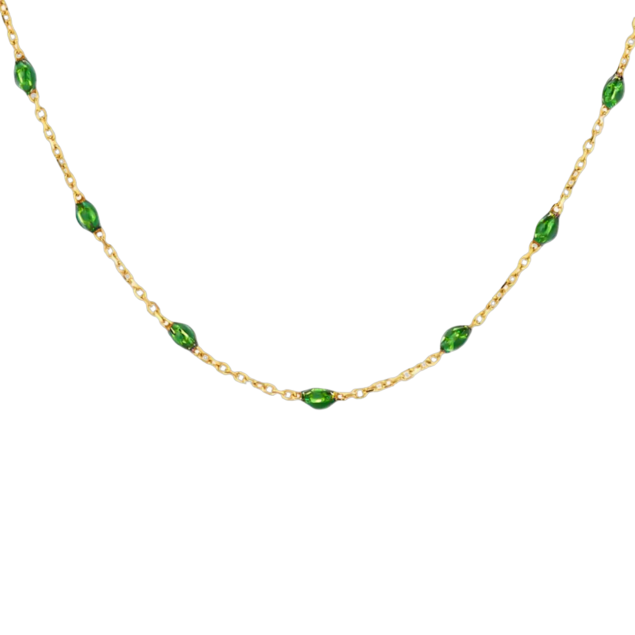 Heldergroene resin stenen maken dit 14k geelgouden collier met veerringsluiting tot een echte eyecatcher.