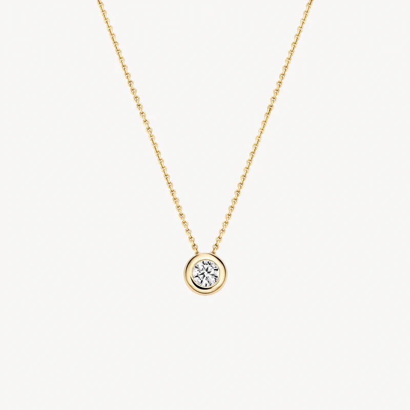 Blush: ketting met hanger - referentie 3052YZI 
Geel gouden ketting met hanger (14 karaat)
De hanger bevat een zirkonium steentje
Lengte ketting: 42 cm
Diameter hanger: 5 mm