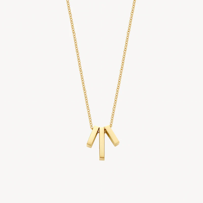 Dit 14k geelgouden collier is minimalistisch en modern. De schakelketting wordt gesierd door een hanger bestaande uit drie kleine goudstaafjes. Mooi op zichzelf of in combinatie met andere sieraden uit onze collectie.