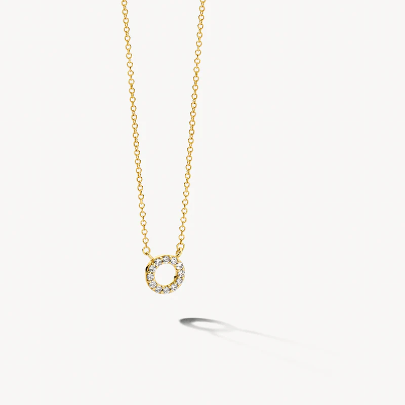 Het hangertje aan dit elegante 14k geelgouden collier schittert je tegemoet met 12 zirkonia’s gezet in pavé zetting. Het collier heeft een totale lengte van 42 cm. Het kan prachtig alleen worden gedragen, maar matcht ook mooi met andere sieraden uit onze collectie.