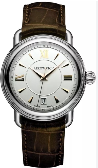 Aerowatch quarts pols horloge met bruin lederen band.