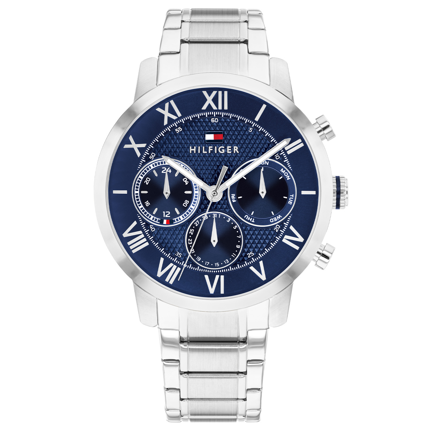 Tommy Hilfiger TH1710728 Horloge Heren Staal 42mm
Dit specifieke horloge van Tommy Hilfiger uit de TH-Oxford serie met artikelnr: TH1710728 is een sportief herenhorloge die niet in je collectie mag ontbreken. Het stalen herenhorloge heeft een ronde kast met een blauwe wijzerplaat met Romeinse cijfers en een dag, datum en 24-uursaanduiding. Aan de kast zit een stalen schakelband met een vouwsluiting. Het horloge heeft een mineraalglas, een doorsnee van 42mm en is 5ATM.  

Het merk:
Sinds de lancering van het merk in 1985 is Tommy Hilfiger wereldwijd bekend geworden als pionier van de klassieke Amerikaanse coole stijl. Ge&iuml;nspireerd door de iconische popcultuur en het Amerikaanse erfgoed. De dames en herencollectie van dit seizoen bestaan uit minimalistische silhouetten en rustieke lederen details. De herenhorlogecollectie biedt iconische uurwerken met roestvrijstalen, lederen en siliconen banden.

Specificaties:
- Mineraalglas
- Ronde kast 42mm
- Stalen kast
- Blauwe wijzerplaat
- Stalen schakelband 
- 5ATM