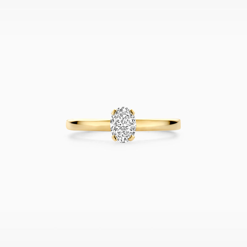 Een schitterende lab-diamond siert deze klassieke 14k geelgouden ring. De diamant heeft een karaatgewicht van 0,5, de doorsnede van de ring is 1,8 mm. De ring is een eyecatcher op zichzelf maar combineert ook fraai met andere sieraden met lab-diamonds uit onze collectie.