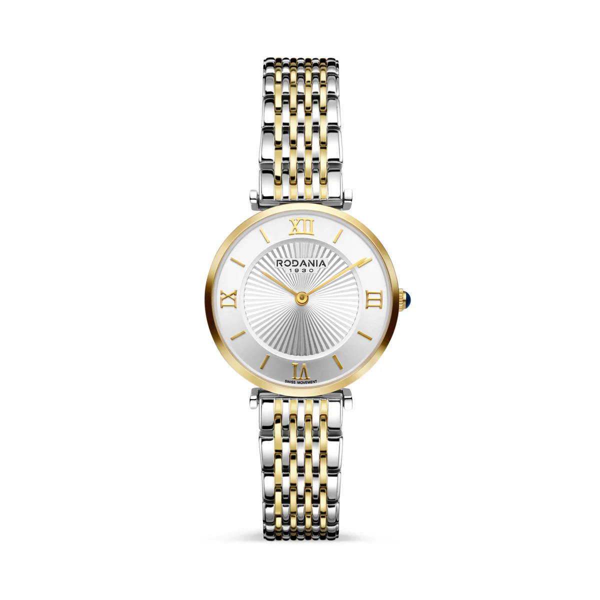 Rodania dameshorloge met zilverkleurige  wijzerplaat, saffierglas en bicolour band en kast, 5ATM en zwitsers uurwerk
Alle Rodania horloges hebben 3 jaar garantie
The Lugano collection is faithful to the elegance of its city. It offers a feminine design with its flat case and roman numerals on the dial.

*Covered by a 3-year international warranty, you can extend it for free to 5 years by registering your watch on our Warranty Extension page.