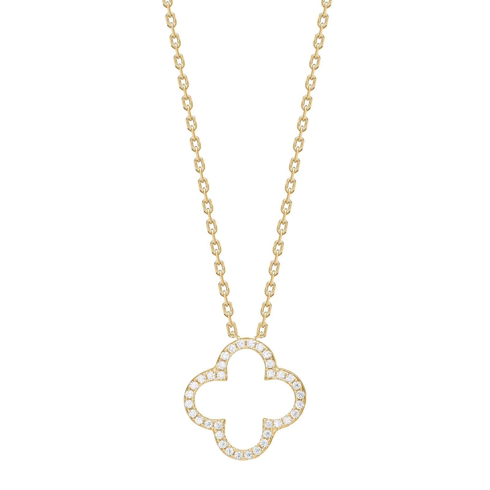 Die vergoldete Silberhalskette Kleeblatt PAMELANOR ist eine elegante Halskette mit vergoldetem Material. Tragen Sie dieses stilvolle Accessoire optimal zu einem schlichten Oberteil oder einem eleganten Kleid, um einen Hauch von Glamour und Gl&uuml;ck zu verleihen. Perfekt f&uuml;r jeden besonderen Anlass.