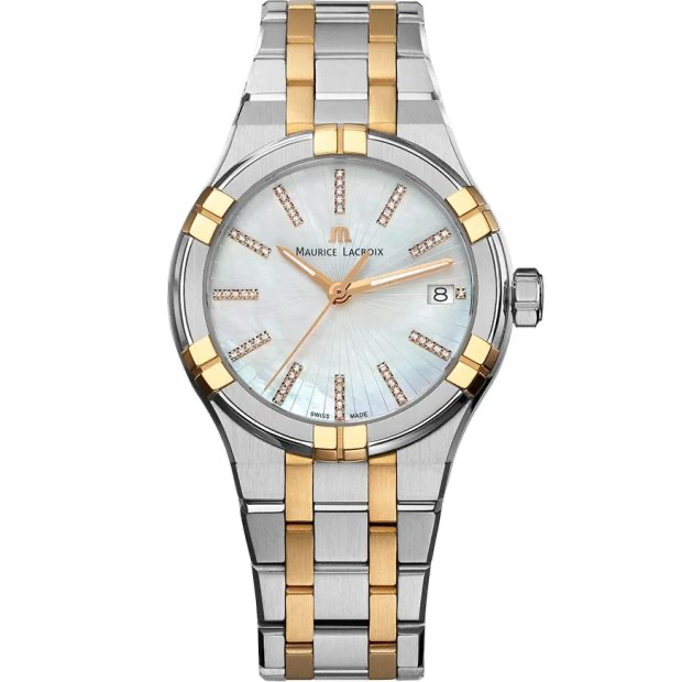 Maurice Lacroix - AI1106-PVP02-170-1

Bestel uw Maurice Lacroix Aikon Quartz dameshorloge direct via www.juwelierhaesen.nl. Dit Maurice Lacroix Maurice Lacroix | Aikon Quartz dameshorloge is bekend onder Maurice Lacroix-referentienummer AI1106-PVP02-170-1 en daarnaast onder het EAN: 7630020612032. Het horloge heeft een quartz-uurwerk dat geplaatst is in een edelstalen met PVD gekleurde 18 karaats Goud kast. Op de witte parelmoeren wijzerplaat is analoge tijdsweergave zichtbaar. Aan de kast zit een goudkleurige zilverkleurige met met PVD gekleurde stalen horlogeband met een vouwsluiting.

Het quartz-uurwerk biedt u datum-aanduiding als tijdfunctie(s). De ronde horlogekast is 100m waterdicht en voorzien van een saffierglas.