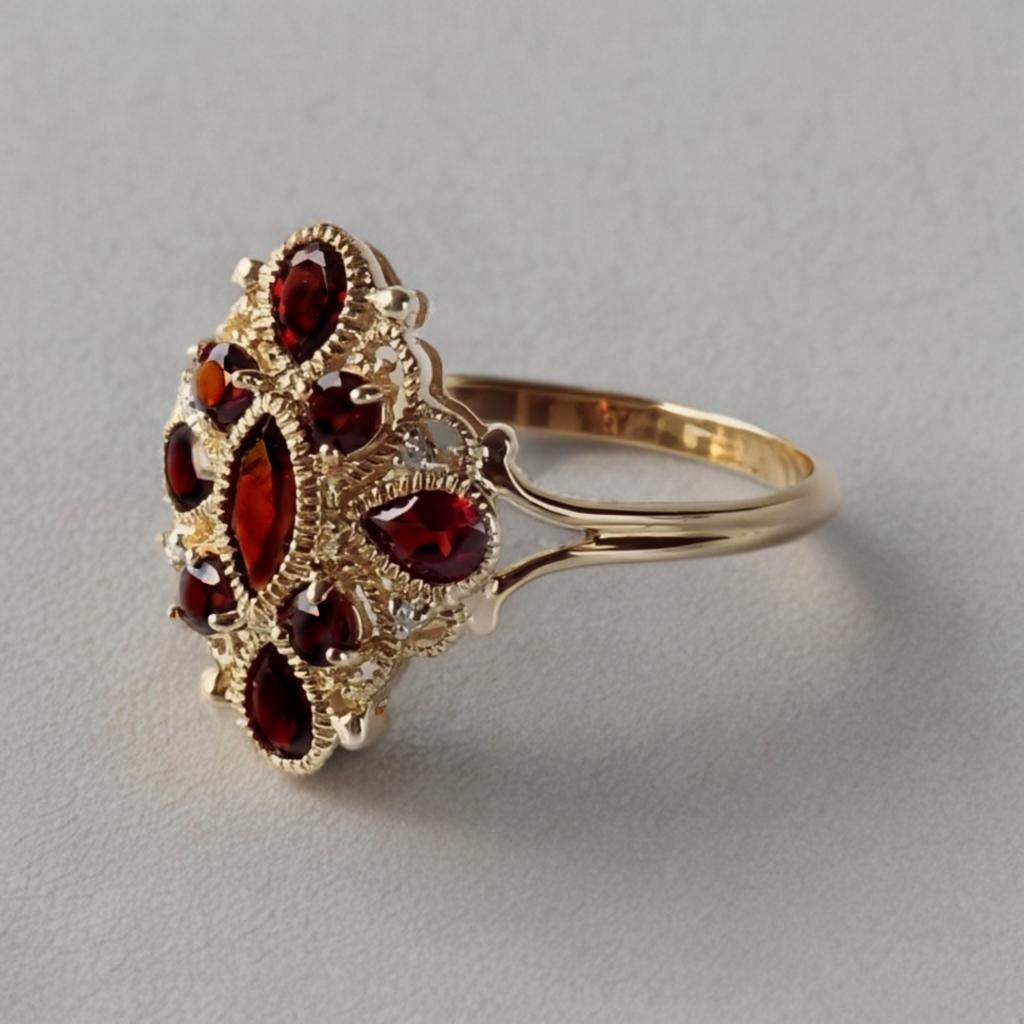14 Karaats Geelgouden ring in een Vintage Stijl met Granaat en Diamant