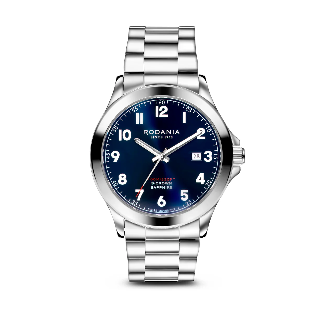 Rodania herenhorloge, edelstaal met blauwe wijzerplaat, zwitsers uurwerk en saffierglas. Alle Rodania horloges hebben 3 jaar garantie