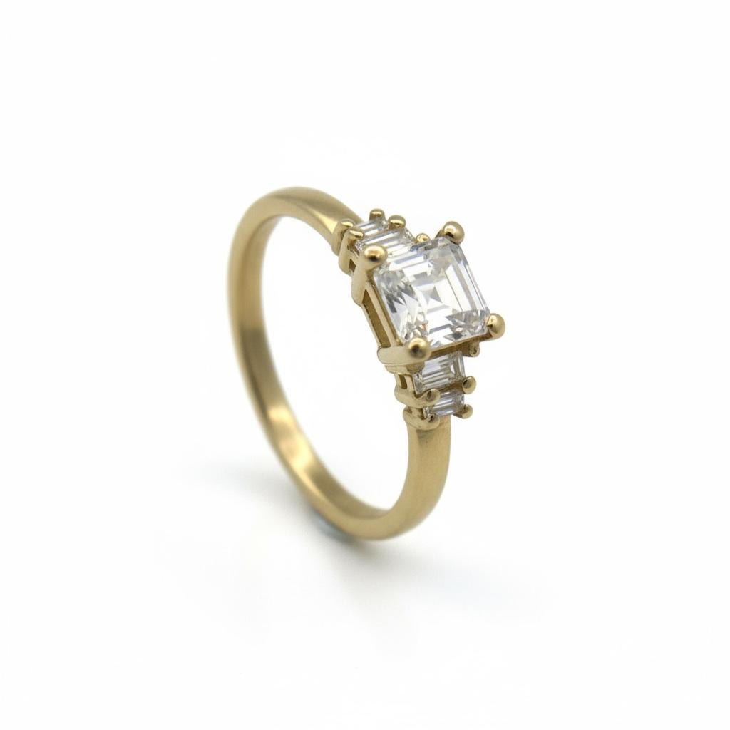 De Gouden ring 14 kr met princess cut zirkonia biedt een verfijnde uitstraling dankzij het gebruik van hoogwaardig geelgoud en schitterende zirkonia. Deze ring is ideaal voor speciale gelegenheden of als alledaagse luxe. Draag hem als statement stuk of combineer met andere gouden sieraden voor een elegante, gecoördineerde look. Perfect voor elke juweelverzameling.