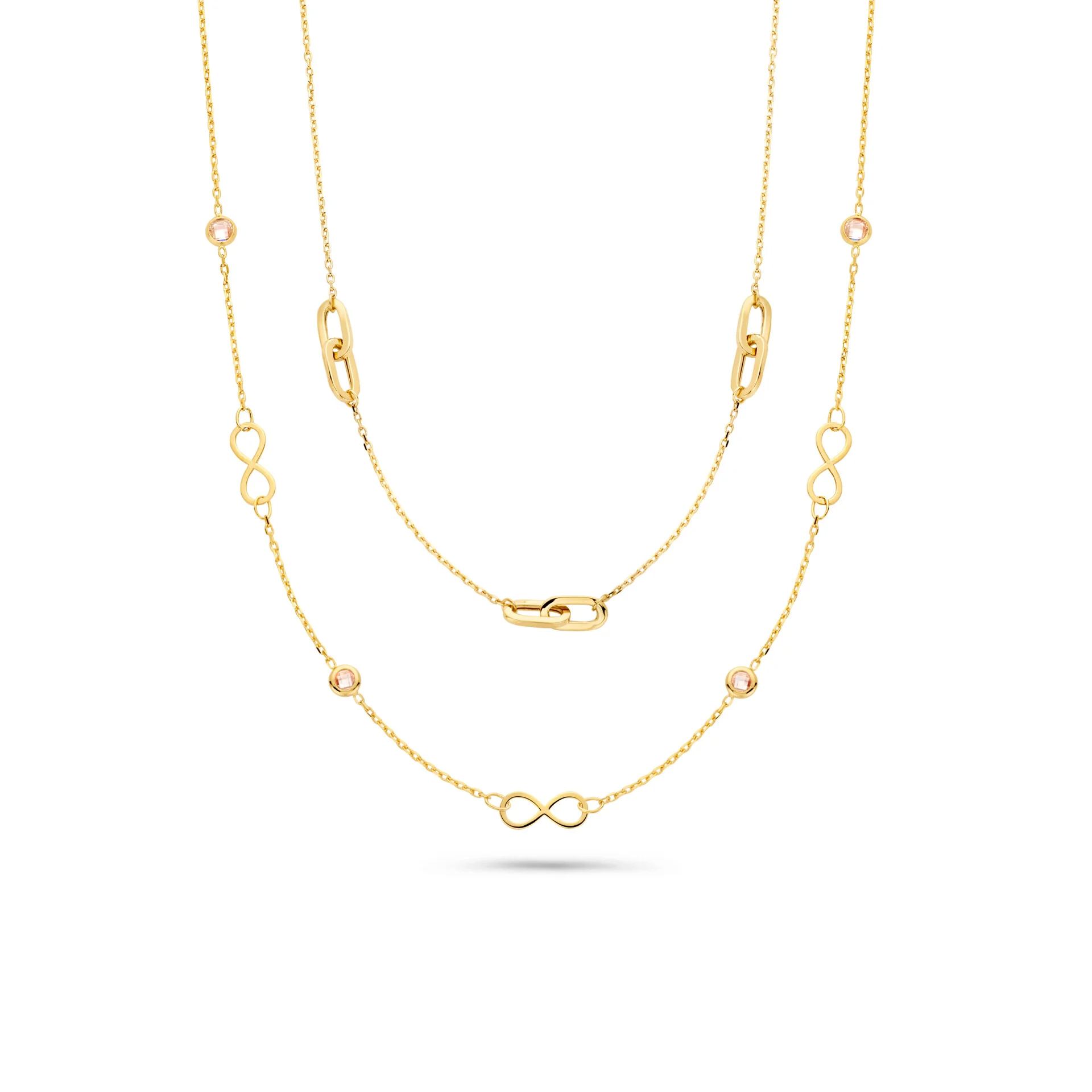 gouden JJ collier, 3x Infinity+4x zirconia