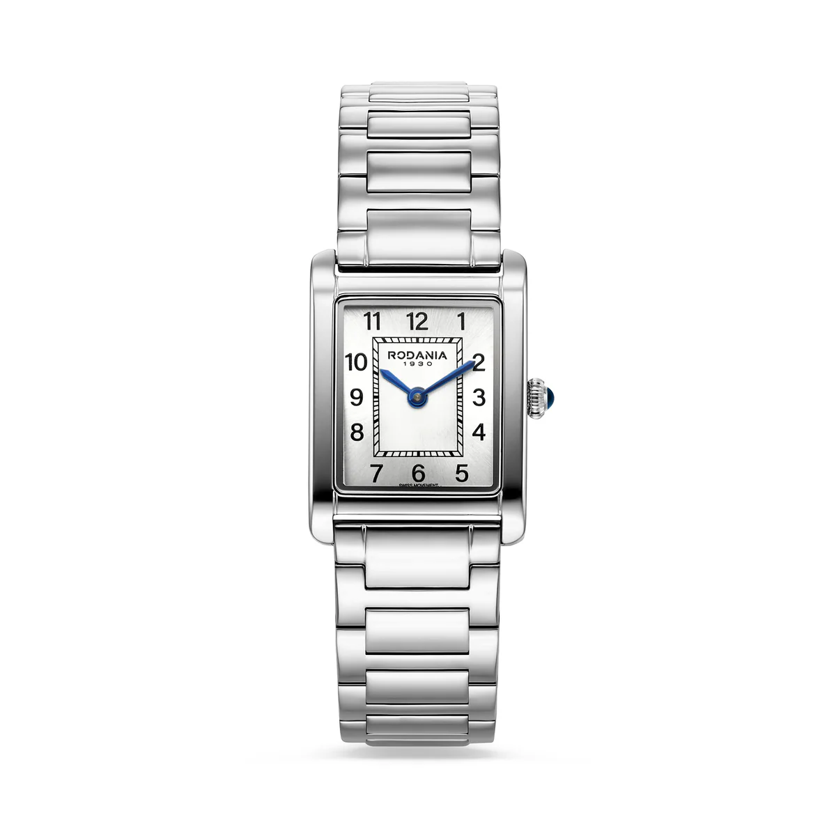 Rodania dameshorloge, langwerpig in edelstaal met edelstalen band, zilverkleurige wijzerplaat met cijfers, saffierglas, 5 ATM, zwitsers uurwerk. Alle Rodania horloges hebben 3 jaar garantie.