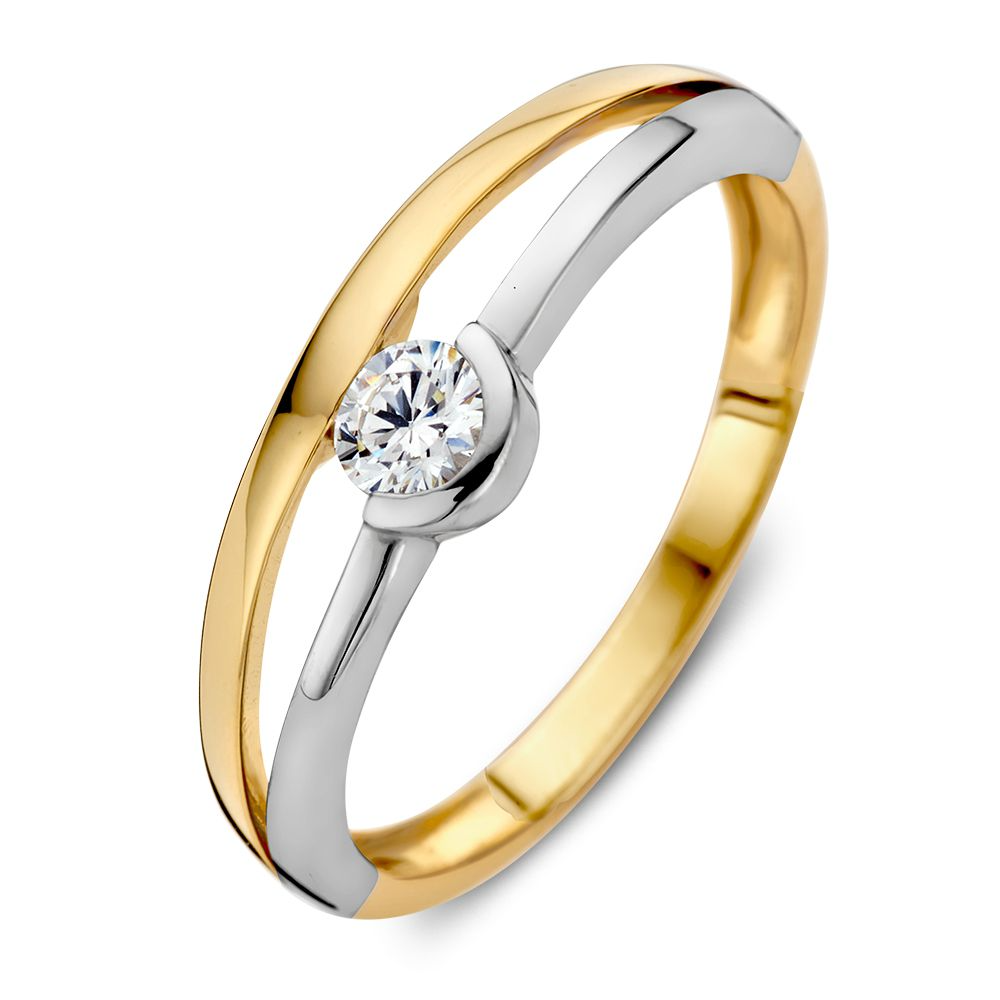 Bicolor wit- en geelgouden ring met zirkonia.
