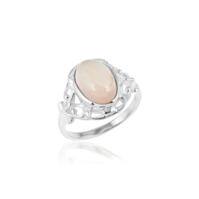 Zilveren ring met een ovale, caboucjon geslepen, rozenkwarts