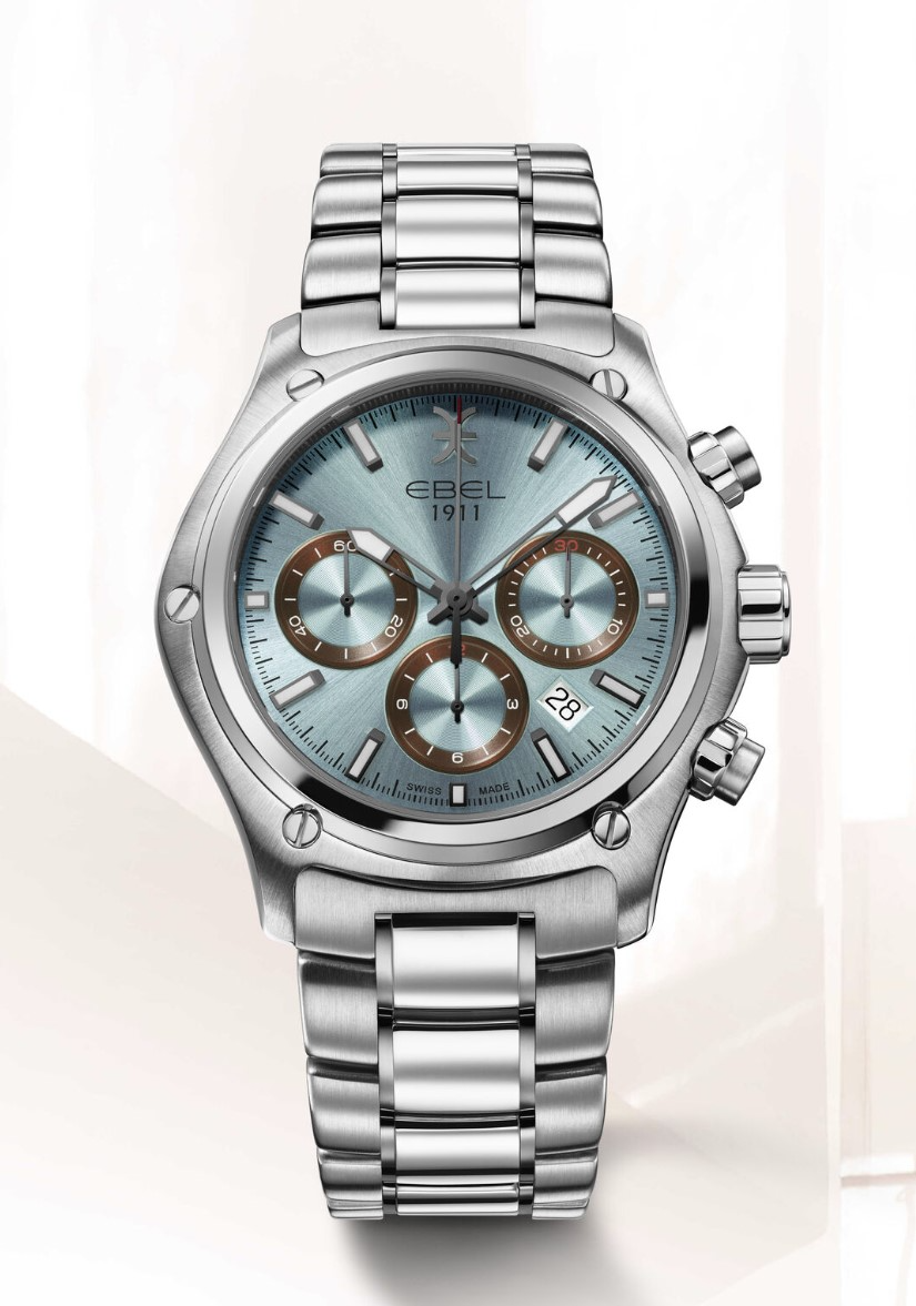 Men's watch EBEL 1911, stainless steel case, Ø 44mm, ice blue galvanic dial with applied indexes with Super-LumiNova®, date window at 4:30, sapphire crystal with antireflective treatment underneath, sapphire crystal case-back, stainless steel bracelet, folding clasp, comes with additional black calf leather strap, Swiss automatic chronograph movement, water-resistant up to 10 bar