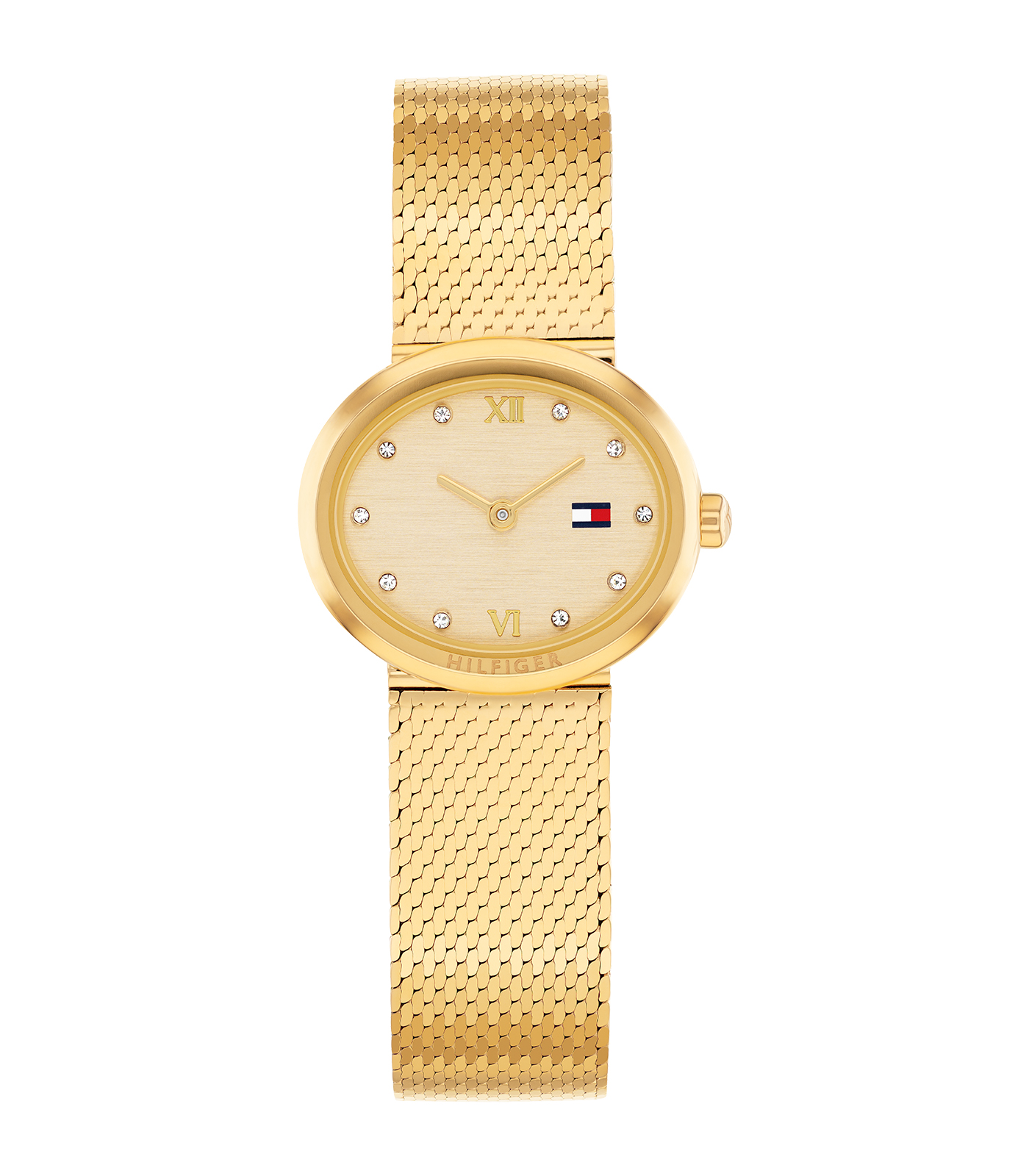 Dit goudkleurige Tommy Hilfiger dameshorloge, model 1782847, heeft een goudkleurige roestvrijstalen kast en band, en een analoog kwartsuurwerk. De wijzerplaat schittert met decoratieve diamanten. Met zijn ovale vorm en milanese mesh-band, is het ideaal voor zowel formele als casual gelegenheden.