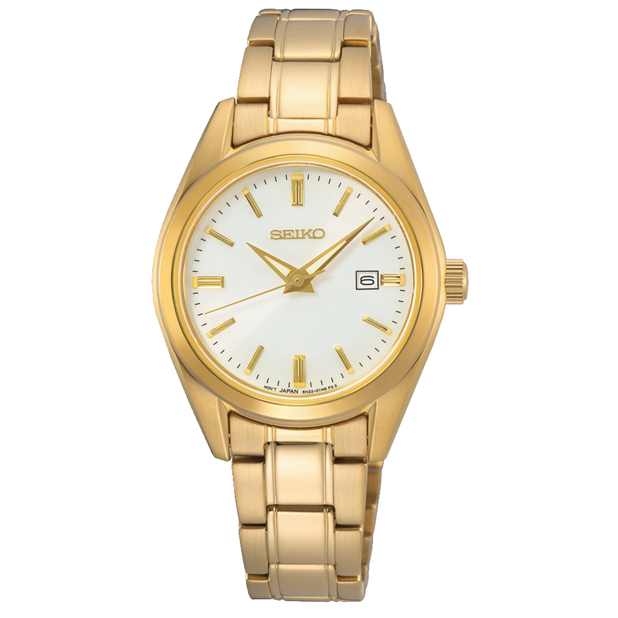 Dit is een dameshorloge van het merk Seiko. Het is een analoog horloge gemaakt van staal. De diameter van de kast is 29.8 mm en de kast is 8.5 mm dik.
De verdere specificaties van het horloge zijn als volgt:
Kastvorm: rond
Kastkleur: goudkleurig
Kastmateriaal: staal
Bandbreedte: 14 mm
Bandlengte: 214.8 mm
Sluiting: vouwsluiting met drukker
Wijzerplaatkleur: wit
Glassoort: saffier glas
Waterdichtheid: 10 ATM
Techniek: quartz
