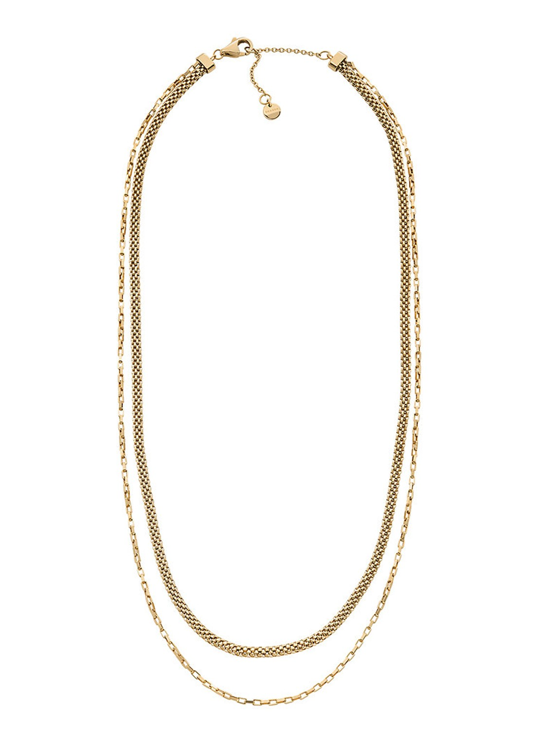 Deze dubbele ketting is gemaakt van goudkleurige roestvrijstalen gelaagde schakelkettingen. Met een karabijnsluiting.