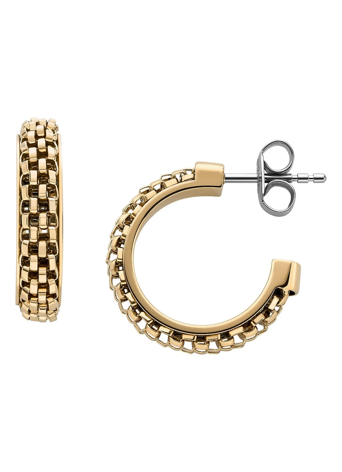 Deze hoepeloorbellen zijn gemaakt van goudkleurig roestvrij staal. Met sluiting achter het oor.
Breedte:0,5 cmLengte:1,7 cm