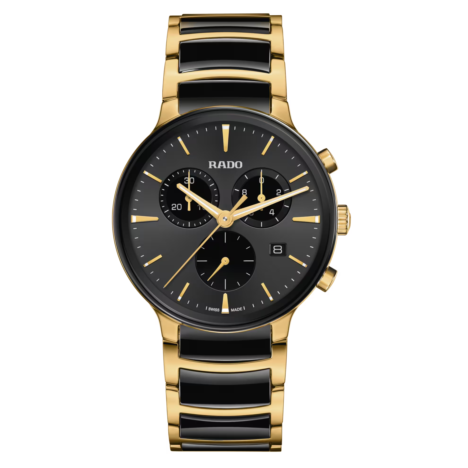 Ervaar de harmonieuze mix van artistieke expressie en verfijnd design met de Centrix Chronograaf. De 41 mm kast is vervaardigd uit roestvrij staal en voorzien van een geelgouden PVD-coating. De kast is bekroond met gebogen saffierglas met een antireflectiecoating aan beide zijden, voor een onberispelijke afleesbaarheid. De Calibre R312 quartzchronograaf zet een nieuwe standaard in precisie. Uitgerust met 22 juwelen en een configuratie met zes wijzers, integreert dit uurwerk Precidrive- en Heavydrive-technologieën voor een onwrikbare nauwkeurigheid van +/- 10 seconden per jaar. De zwarte sunray-wijzerplaat, versterkt door geelgouden indexen met witte Super LumiNova®, straalt verfijnde verfijning uit. Drie zorgvuldig geplaatste tellers omvatten een 30-minutenteller, een tiende-seconde-tracker met nauwkeurige chronograaffunctionaliteit en een kleine secondewijzer op 6 uur. Het discrete datumvenster op vier uur voegt een vleugje praktische elegantie toe. Het algehele uiterlijk van dit iconische horloge wordt gecompleteerd door elegant afgestelde kastaanzetten en een band van gepolijst roestvrij staal met een geelgouden PVD-coating en zwarte hightech keramische middenschakels, vastgezet met een drievoudige sluiting van geborsteld roestvrij staal.