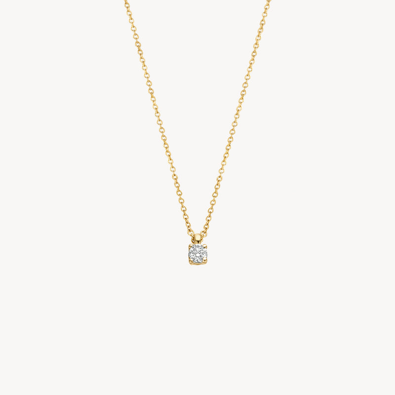 Dit 14k gouden collier sprankelt met een diamant gezet in een geelgouden hanger. De diamant heeft een karaatgewicht van 0,05 en de ketting is 42 cm lang. Draag dit prachtige collier alleen of combineer het met andere sieraden uit onze collectie.