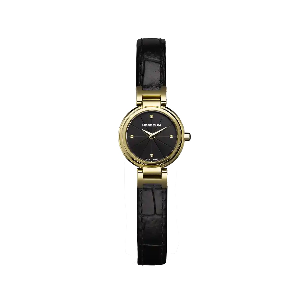 Elegante dameshorloge met zwarte lederen band.