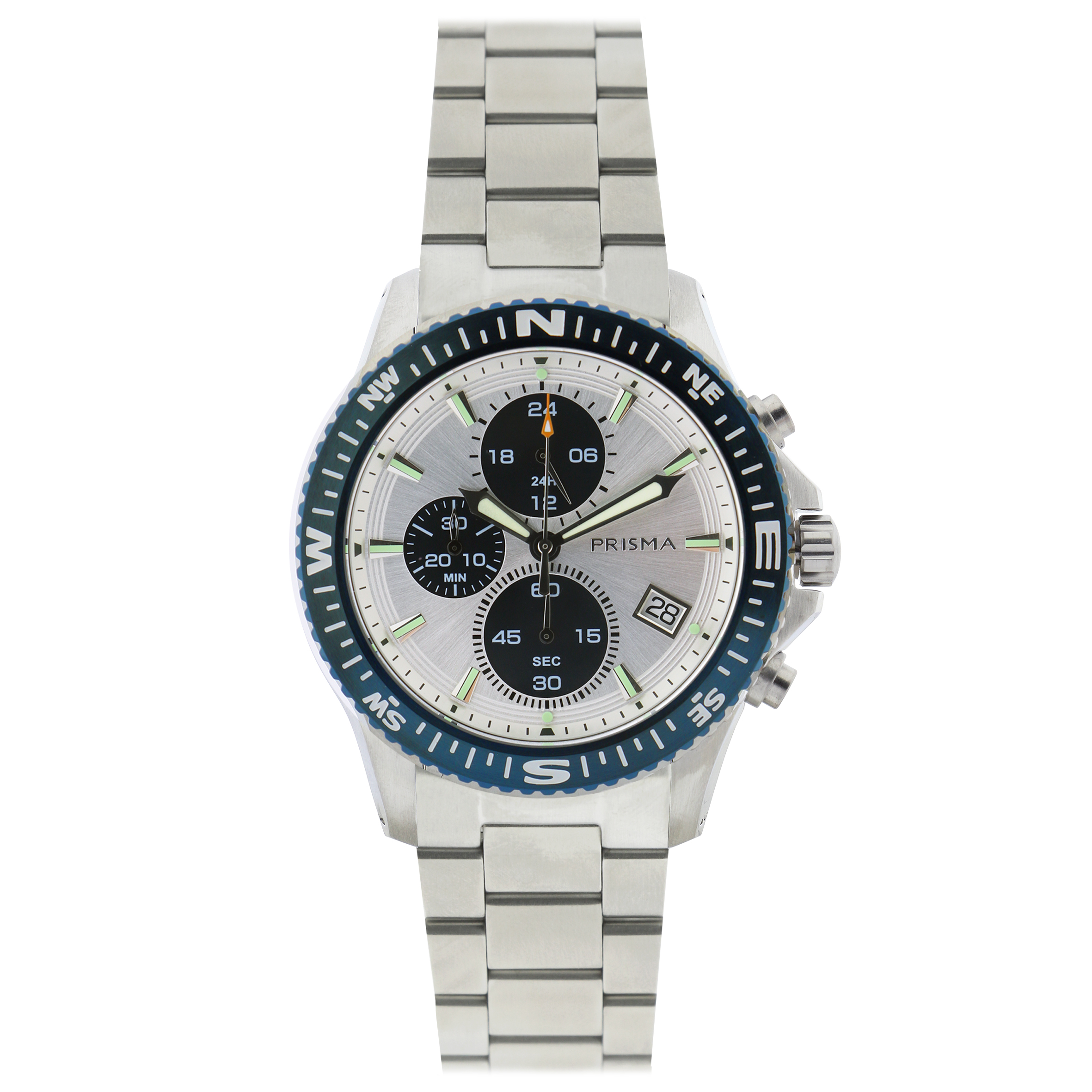 Prisma horloge P2032 heren chronograaf edelstaal saffierglas 10 ATM

Algemeen
Geslacht: heren
Model: P.2032

Voordelen
- band edelstaal zilver
- chronograaf/stopwatch
- wijzerplaat zilver met zilverkleurige streepjes
- boven gem. waterdicht: zwemmen/duiken
- glas is zeer krasvast
- ook voor brede pols (max. 247 mm)
- 24 uurs aanduiding
- quartz
- maat kast 44,5mm (breedte) 11mm (dikte)

