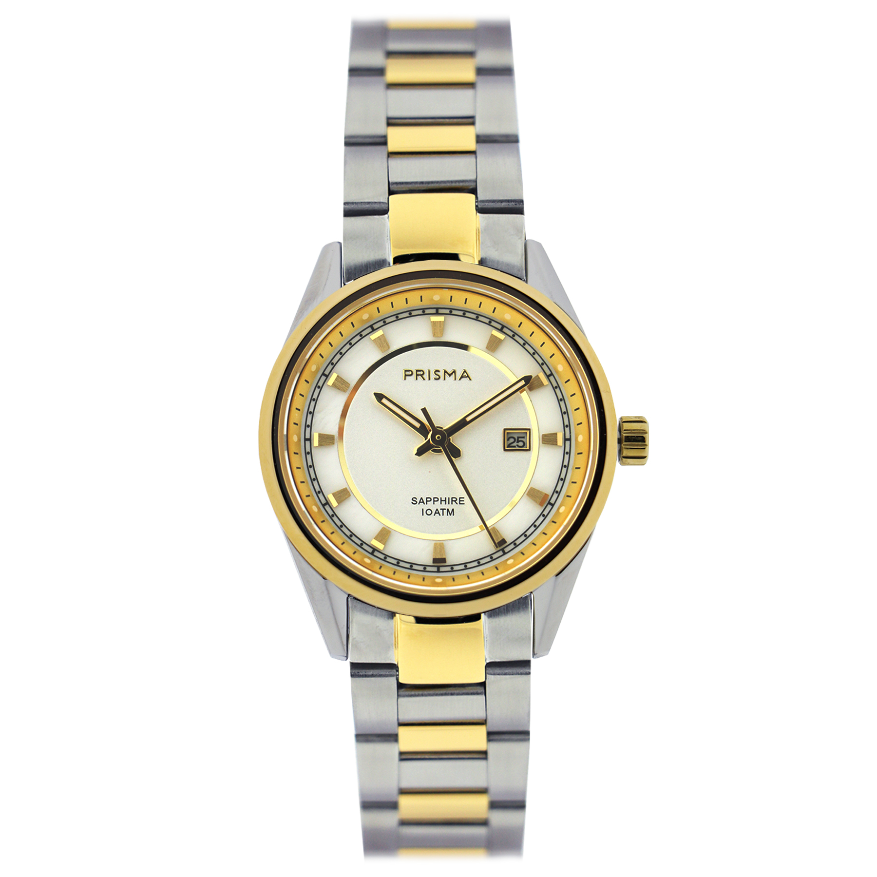 Prisma horloge P2041 dames edelstaal saffierglas 10 ATM

Algemeen
Geslacht: dames
Model: P.2041

Voordelen
- Solid edelstaal
- quartz
- wijzerplaat roomwit met goudkleurige streepjes
- boven gem. waterdicht: zwemmen/duiken
- glas is zeerkrasvast
- ook voor brede pols (max. 210 mm)
- datum
- quartz uurwerk
- maat kast 31,5mm (breedte) 9,5mm (dikte)

