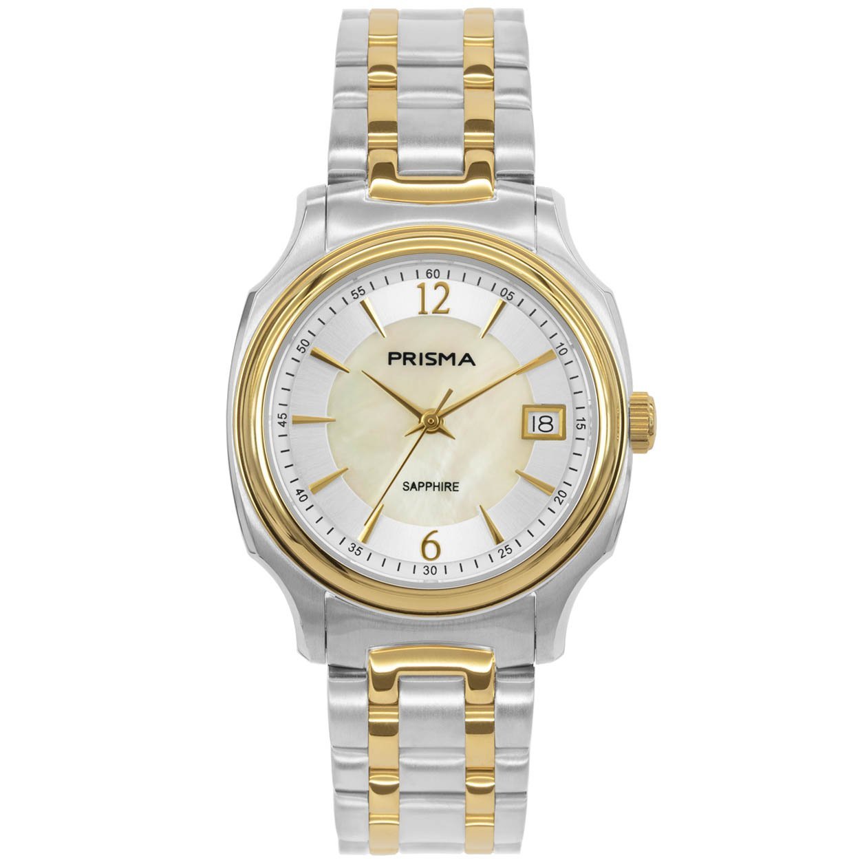 Prisma horloge P1136 dames edelstaal saffierglas 5 ATM (met zwitsers uurwerk) 

Algemeen
Geslacht: dames
Model: P.1136

Voordelen
- band edelstaal zilver/goudkleurig (bicolor)
- wijzerplaat parelmoer met goudkleurige streepjes
- glas is zeer krasvast
- zwitsers uurwerk
- handige onzichtbare klep sluiting
- datum
- spat waterdicht: handenwassen, regen
- quartz
- maat kast 33mm (breedte) 8mm (dikte)

