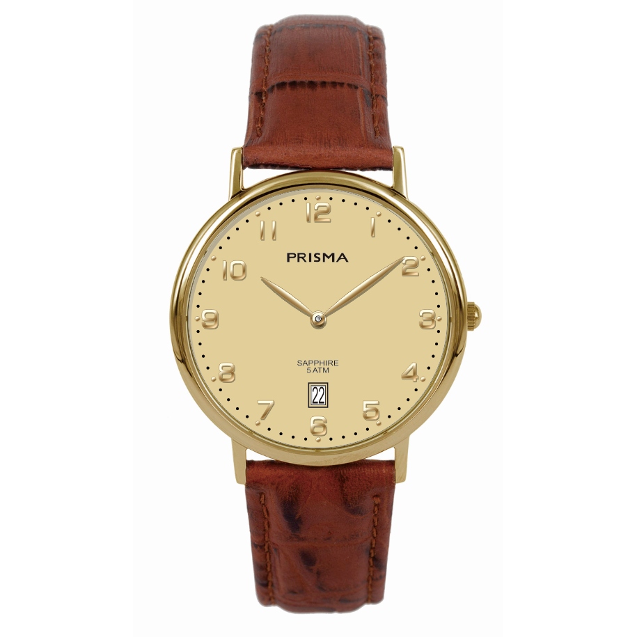 Prisma horloge P1001 heren edelstaal saffierglas 5 ATM 

Algemeen
Geslacht: heren
Model: P.1001

Voordelen
- band echt leer bruin
- wijzerplaat goudkleurig met goudkleurige cijfers (arabisch)
- glas is zeer krasvast
- slimline model (minder dan 7 mm dik)
- datum
- duidelijke tijdsweergave
- spat waterdicht: handenwassen, regen
- quartz
- maat kast 36,1mm (breedte) 6,55mm (dikte)

