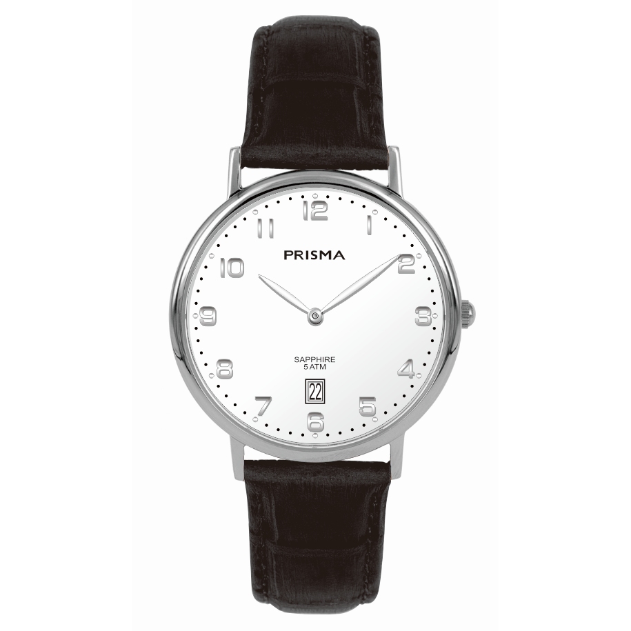 Prisma horloge P1002 heren edelstaal saffierglas 5 ATM 

Algemeen
Geslacht: heren
Model: P.1002

Voordelen
- band echt leer zwart
- wijzerplaat wit met zilvere cijfers (arabisch)
- glas is zeer krasvast
- slimline model (minder dan 7 mm dik)
- datum
- duidelijke tijdsweergave
- spat waterdicht: handenwassen, regen
- quartz
- maat kast 36,1mm (breedte) 6,55mm (dikte)


