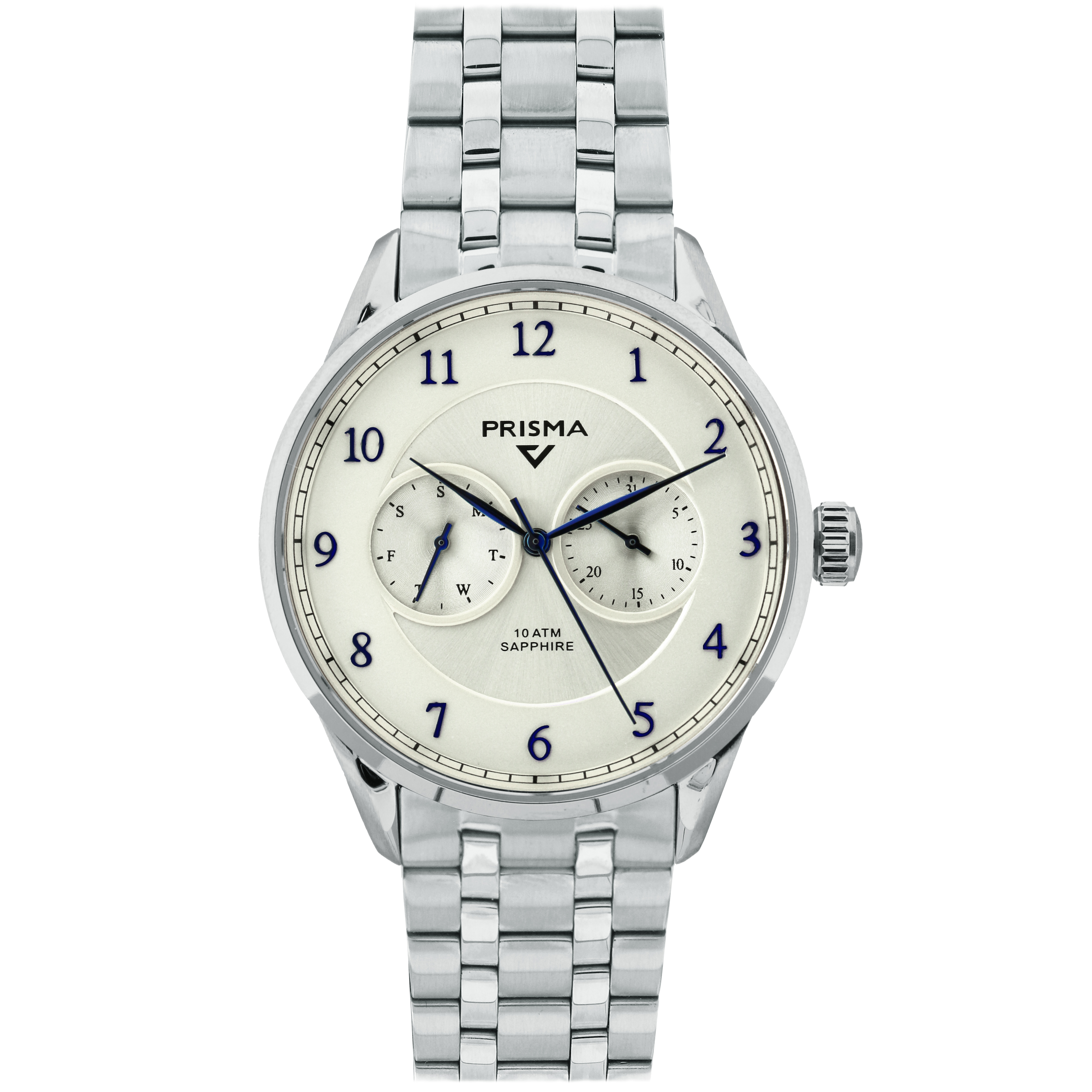 Prisma horloge P1362 heren multifunctie edelstaal saffierglas 10 ATM

Algemeen
Geslacht: heren
Model: P.1362

Voordelen
- band solid all-stainess steel 316
- multi-functie
- wijzerplaat off-white met blauwe cijfers (arabisch)
- glas is zeer krasvast
- ook voor brede pols (max. 225 mm)
- datum wijzer
- dagwijzer
- quartz
- maat kast 39.9mm (breedte) 10,2mm (dikte)

