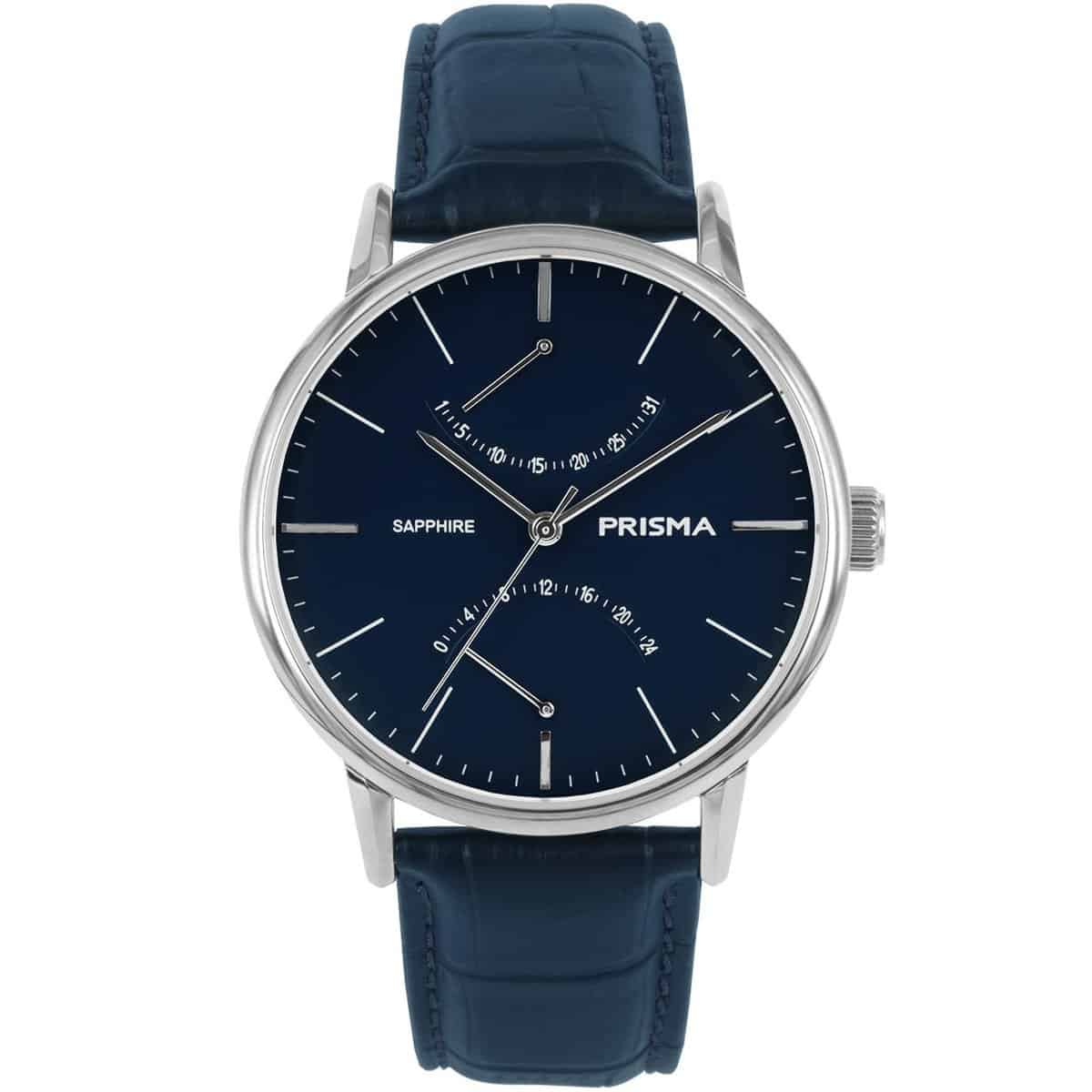 Prisma horloge P1601 heren Edelstaal saffierglas 5 ATM 

Algemeen
Geslacht: heren
Model: P.1601
EAN: 8716667169371

Voordelen
- band echt leer blauw
- wijzerplaat blauw met zilvere streepjes
- glas is zeer krasvast
- ook voor brede pols (max. 225,92 mm)
- datum
- spat waterdicht: handenwassen, regen
- quartz
- maat kast 42,9mm (breedte) 11,28mm (dikte)

