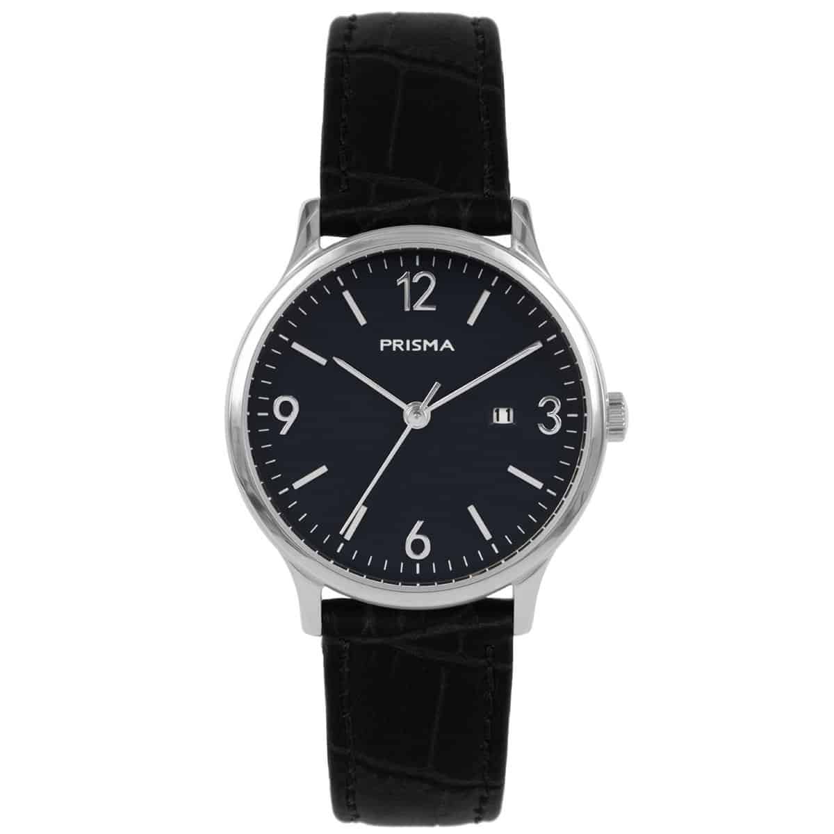 Prisma dames P1639 horloge edelstaal 		
		
Algemeen		
Geslacht: dames		
Model: P.1639		
		
Voordelen		
- wijzerplaat blauw met zilvere streepjes	
- band echt leer zwart		
- designed in the Netherlands		
- datum		
- duidelijke tijdsweergave		
- spat waterdicht: handenwassen, regen		
- duurzame coating		
- maat kast 30mm (breedte) 7,51mm (dikte)		
			
