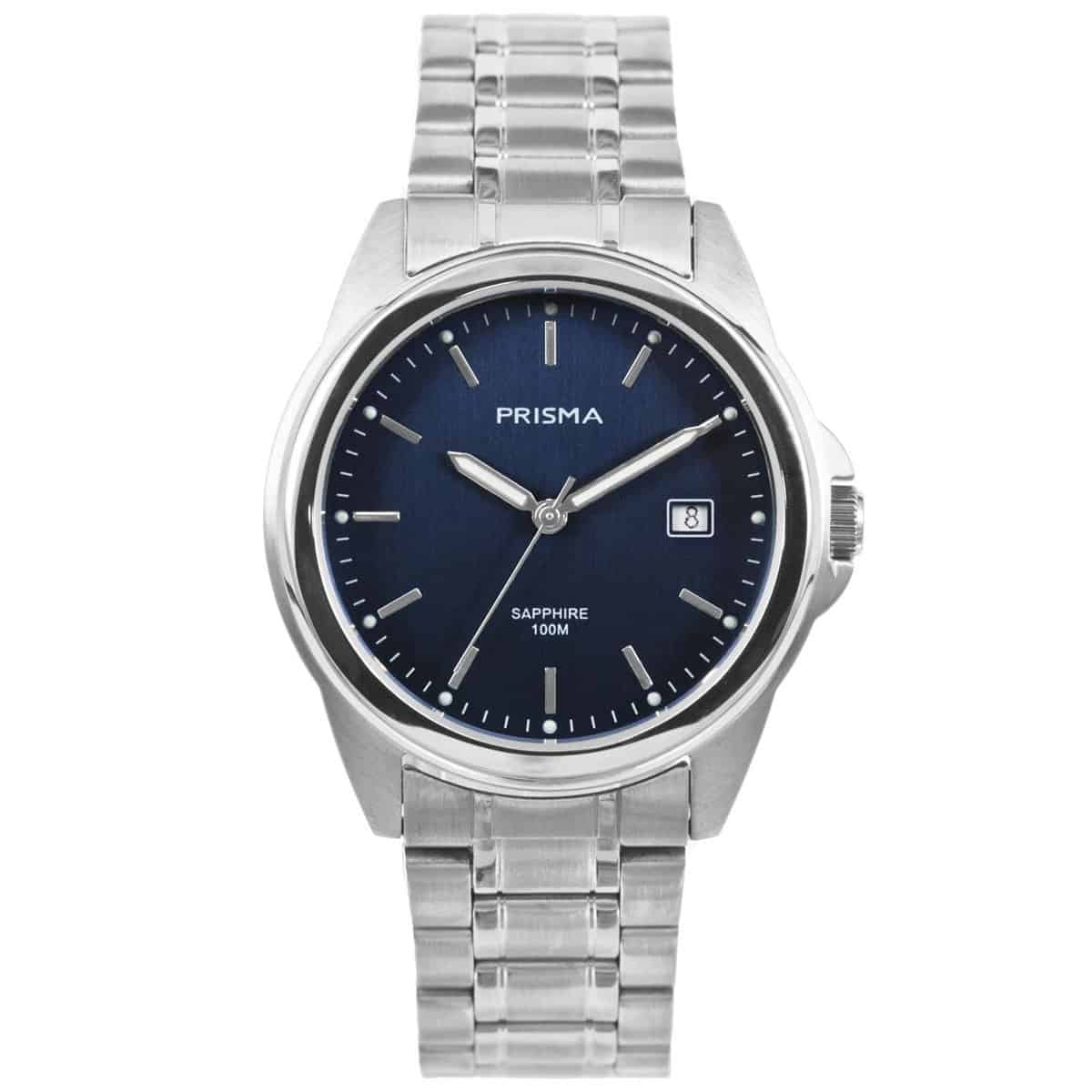 Prisma P1852 heren horloge edelstaal saffierglas 10 ATM 		
		
Algemeen		
Geslacht: heren		
Model: P.1852		
		
Voordelen		
- band edelstaal zilver		
- wijzerplaat blauw met zilvere opgelegde streepjes		
- boven gem. waterdicht: zwemmen/duiken		
- glas is zeer krasvast		
- wijzers lichten op in donker		
- datum		
- quartz		
- maat kast 38mm (breedte) 9,5mm (dikte)		
		
	

