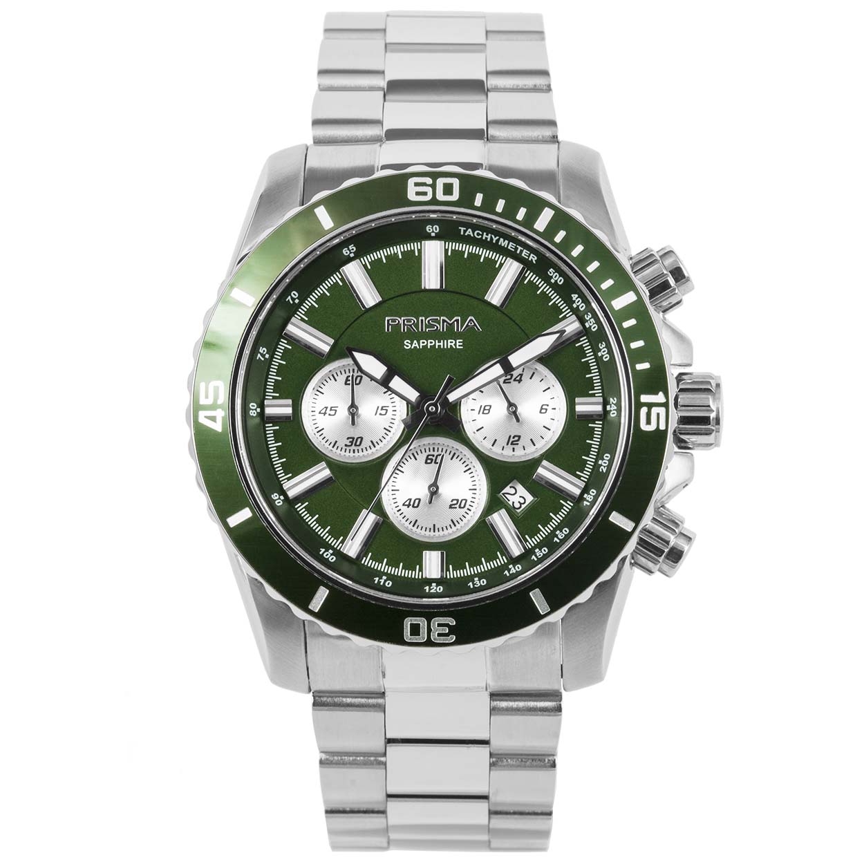 Prisma horloge P1881 heren chronograaf edelstaal saffierglas 10 ATM 

Algemeen
Geslacht: heren
Model: P.1881

Voordelen
- band edelstaal zilver
- chronograaf/stopwatch
- wijzerplaat groen met zilvere streepjes
- boven gem. waterdicht: zwemmen/duiken
- glas is zeer krasvast
- ook voor brede pols (max. 247 mm)
- 24 uurs aanduiding
- quartz
- maat kast 46mm (breedte) 12mm (dikte)





