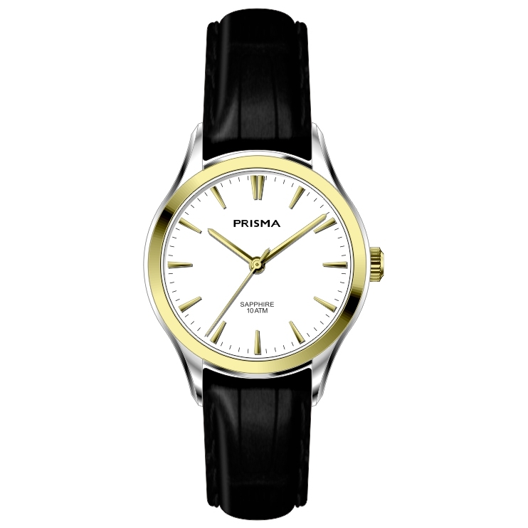 Prisma horloge P2014 dames edelstaal saffierglas 10 ATM 

Algemeen
Geslacht: dames
Model: P.2014

Voordelen
- band echt leer zwart
- wijzerplaat wit met zilvere streepjes
- boven gem. waterdicht: zwemmen/duiken
- glas is zeer krasvast
- quartz
- maat kast 27,06mm (breedte) 7,6mm (dikte)

