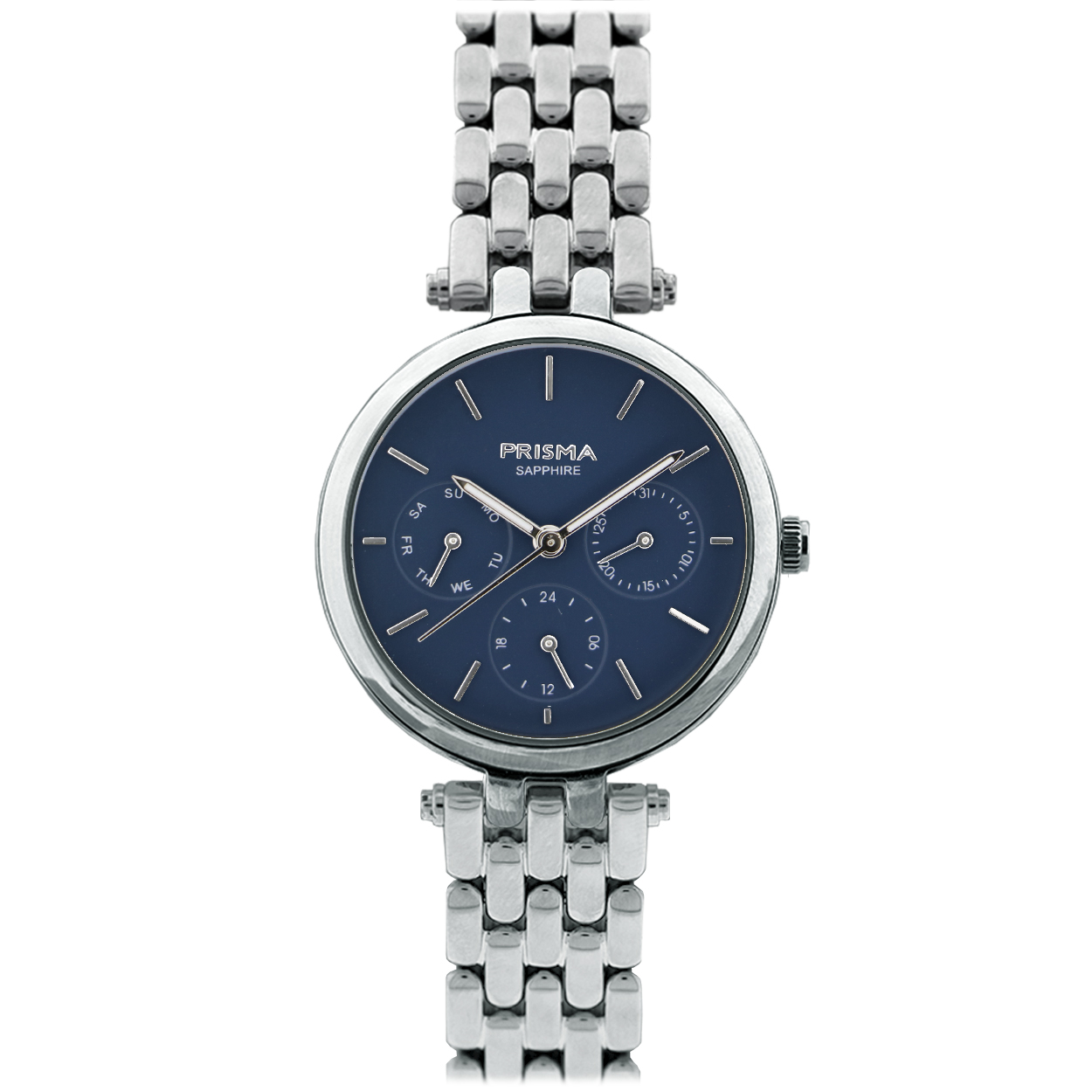 Prisma horloge P3002 TOISE dames multifunctie edelstaal saffierglas 5 ATM 

Algemeen
Geslacht: dames
Model: P.3001

Voordelen
- band edelstaal zilverkleurig
- multi-functie
- wijzerplaat blauw met zilverkleurige streepjes
- glas is zeer krasvast
- compacte sluiting met extra draagcomfort
- 24 uurs aanduiding
- dagwijzer
- quartz
- maat kast 32 mm (breedte) 8 mm (dikte)

