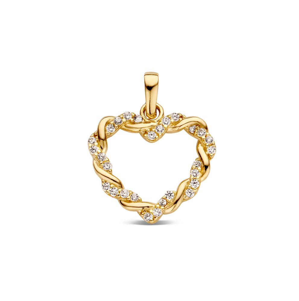 Geelgouden hanger in hartvorm met gedraaide band, gezet met fijne zirkonia's.
