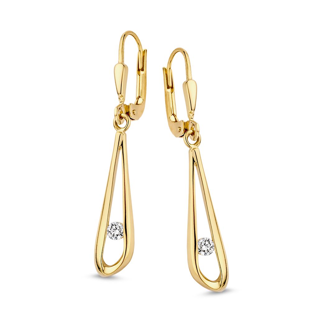 Deze prachtige gouden oorhangers, modelnummer OB127546, stralen elegantie uit met hun sprankelende witte zirkonia steen in briljant geslepen vorm. Gemaakt van 14-karaats geelgoud, met een gewicht van 2 gram en een diameter van 49 mm, zijn ze voorzien van een Franse haaksluiting. Perfect voor zowel formele als dagelijkse gelegenheden, voeg een vleugje glamour toe aan elke outfit.