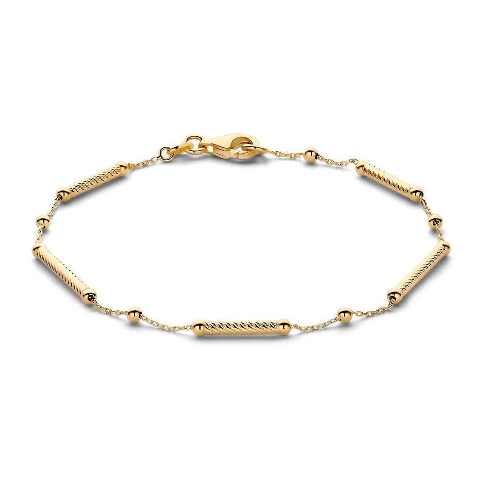 Speelse, geelgouden armband met gouden bolletjes en bewerkte staafjes.
