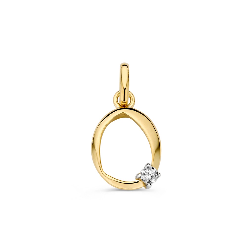 Geelgouden, ovale hanger met zirkonia.
