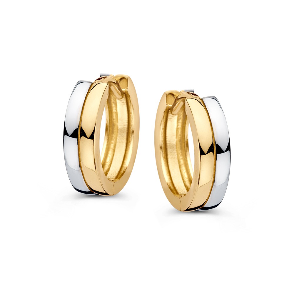 Oorringen bicolor,  modelnummer OE407726, zijn elegante creolen gemaakt van goud. Zehebben een juweelgrootte van 8,7 mm en een glanzende afwerking. De goudkleurige, ronde vorm maakt ze perfect voor elke gelegenheid. Dankzij de klapsluiting zijn ze eenvoudig te dragen. Draag ze met je favoriete outfit voor een verfijnde look.