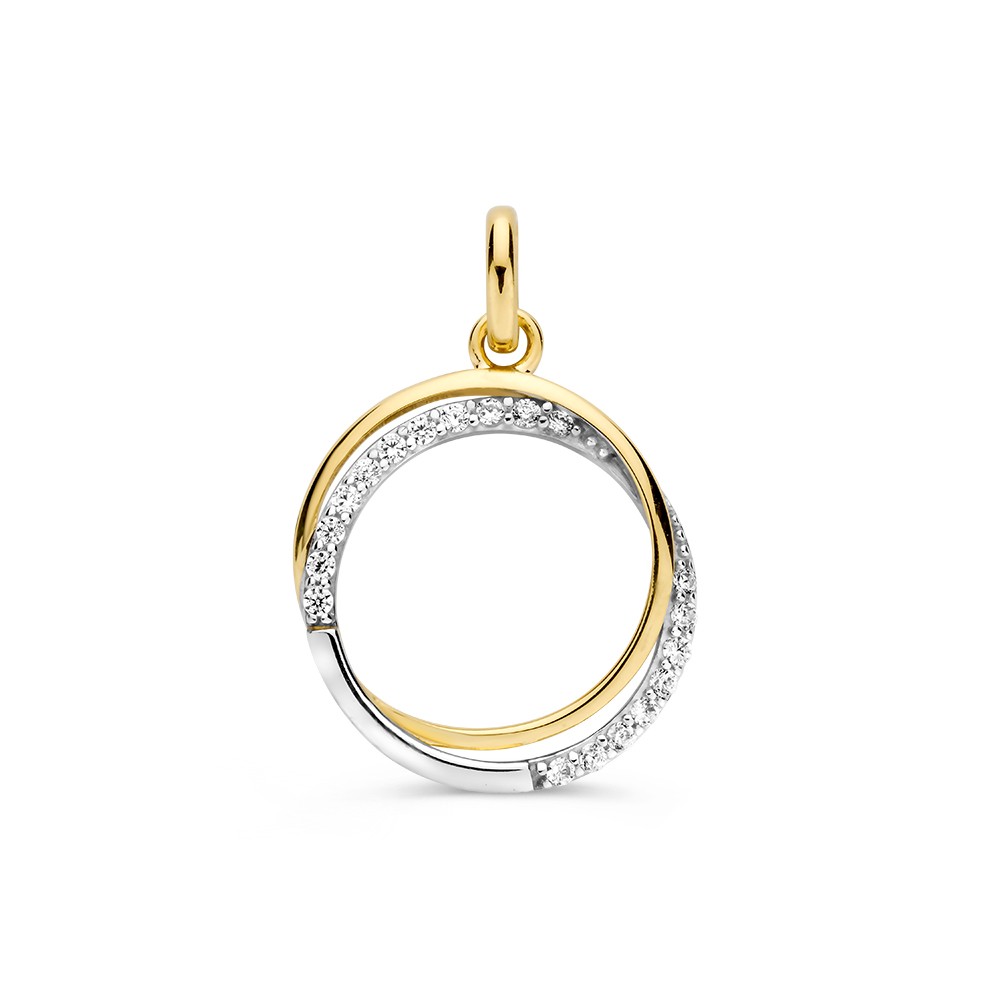 Een speelse bicolor wit- en geelgouden hanger welke twee cirkels bevat die samen één worden. De witgouden cirkel is gezet met fijne zirkonia's.
