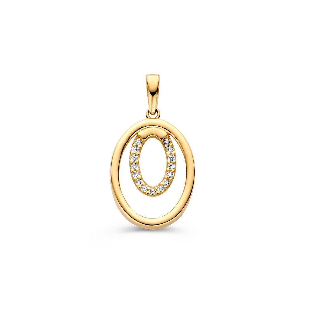 Geelgouden hanger van twee met elkaar verbonden ovale circkels. De binnenste cirkel is gezet met zirkonia's.
