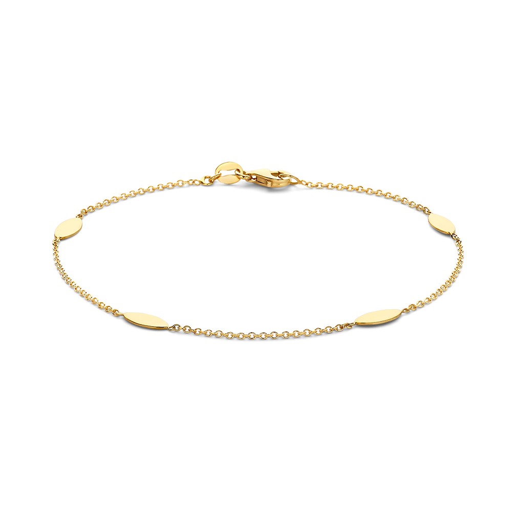 Geelgouden schakelarmband met ovale elementen.
