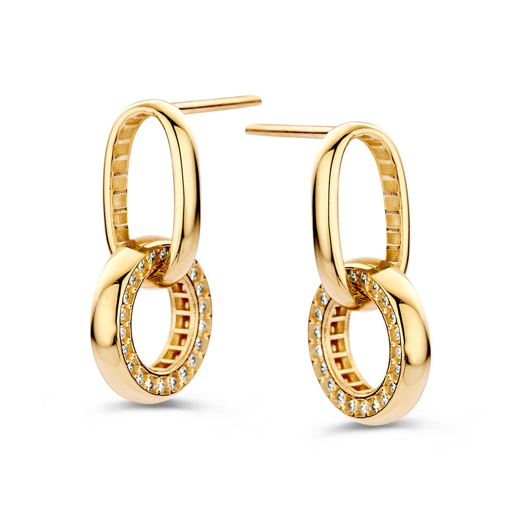 Geelgouden oorstekers met ronde oorbedels, beide zijdes op speelsewijze gezet met zirkonia's.
