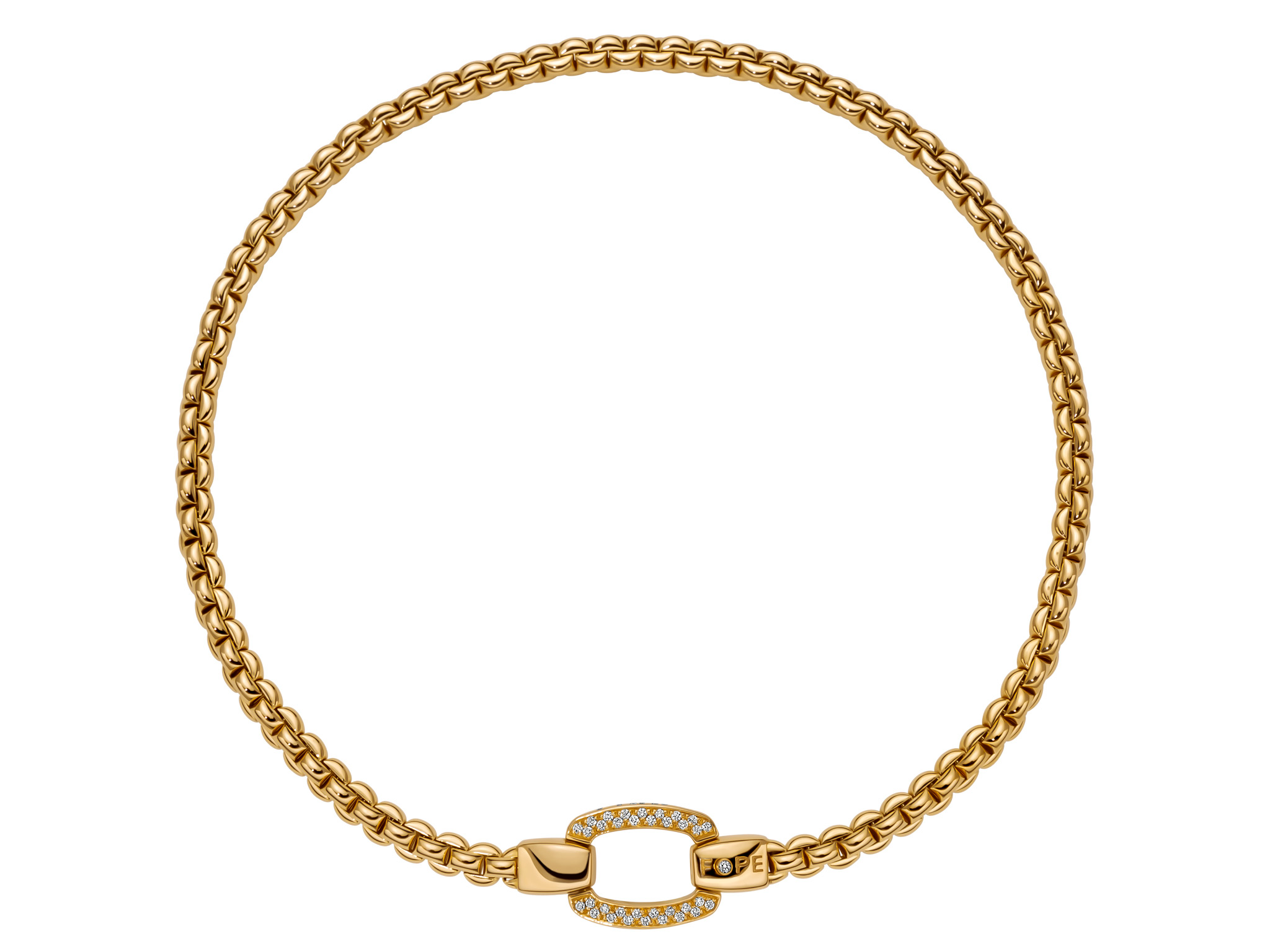 De Fope Eka Flex'it Collier in Geelgoud, modelnummer 08F10CX_PB_G_XGX_040, is een verfijnde halsketting bezaaid met schitterende diamanten. Deze luxe halsketting, onderdeel van de 'JEWEL' en 'NECKLACE' categorie, biedt een tijdloze elegantie. Draag het collier solo voor een subtiele uitstraling of combineer met andere sieraden voor een gelaagde, glamoureuze look.